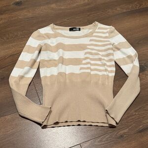 Moschino Striped Knit Sweater XS Beige White Designer Top Fitted Ribbed Luxury